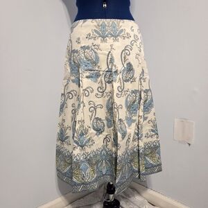 White & Blue Paisley Cotton Pleated Midi Skirt Size 6
